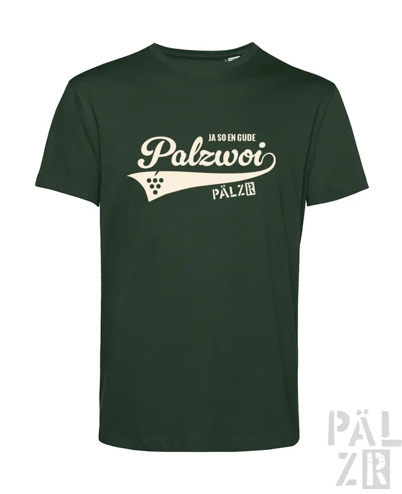 Grünes T-Shirt mit weißem ’palzwoi’-Logo und -Design, aus Baumwolle.