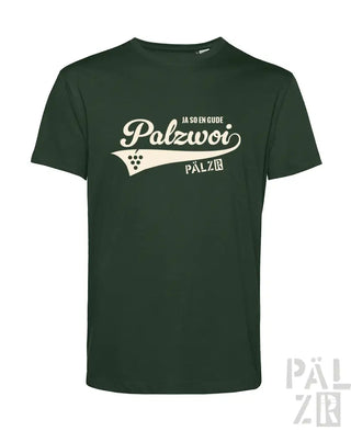 Grünes T-Shirt mit weißem ’palzwoi’-Logo und -Design, aus Baumwolle.