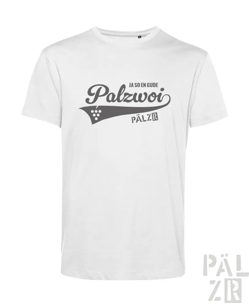 Weißes T-Shirt mit ’palzwoi’-Logo und Textdesign, das ein retro-stilisiertes Grafikmotiv aufweist.