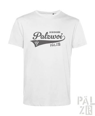 Weißes T-Shirt mit ’palzwoi’-Logo und Textdesign, das ein retro-stilisiertes Grafikmotiv aufweist.