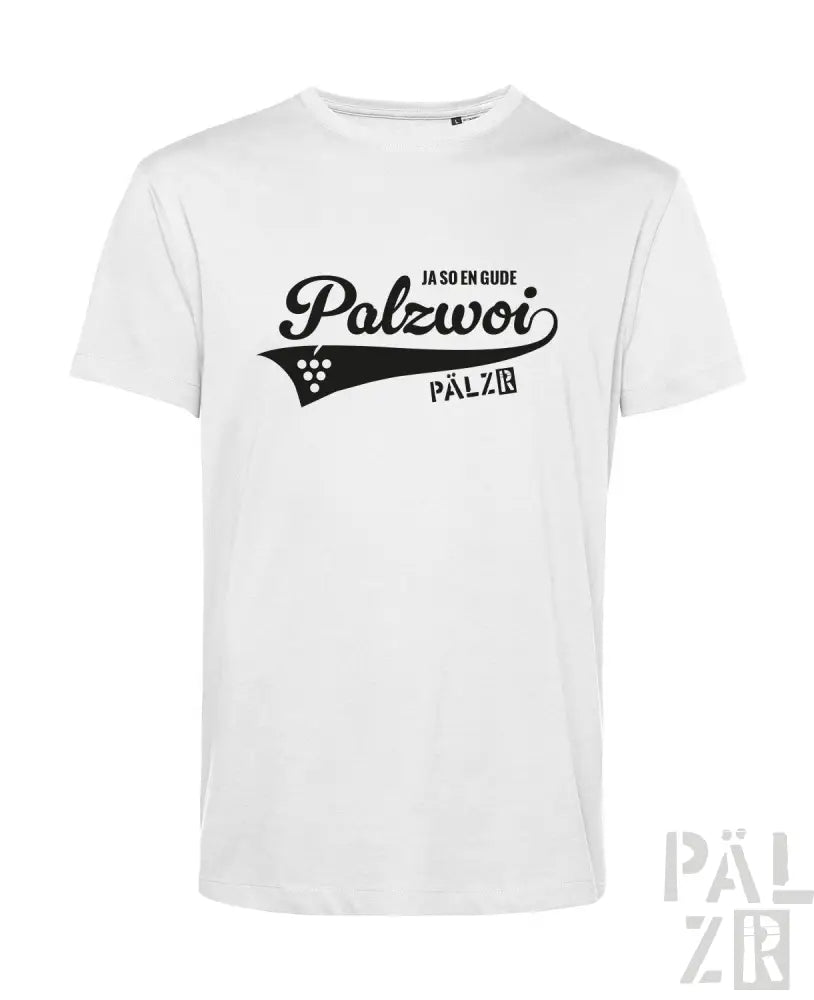 Weißes T-Shirt mit schwarzem Text und Design, das ’palzwoi’ in einer stilisierten Schriftart zeigt.