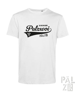Weißes T-Shirt mit schwarzem Text und Design, das ’palzwoi’ in einer stilisierten Schriftart zeigt.