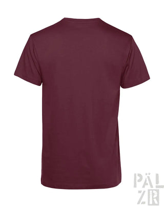 Bordeaux-farbenes kurzärmliges T-Shirt mit V-Ausschnitt und geripptem Kragen, aus Baumwolle gefertigt.
