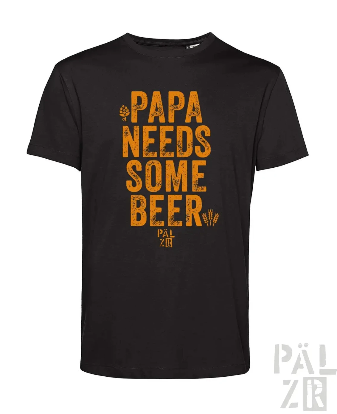 Schwarzes T-Shirt mit orangefarbenem Text ’Papa braucht ein Bier’ und Logo.
