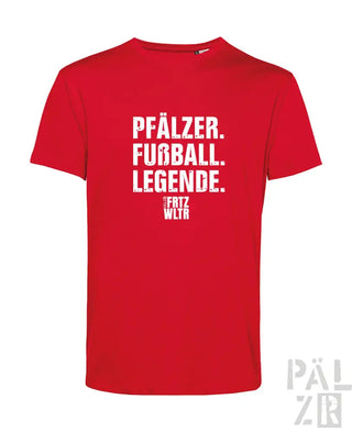 Rotes Baumwoll-T-Shirt mit weißem Text und Logodesign.