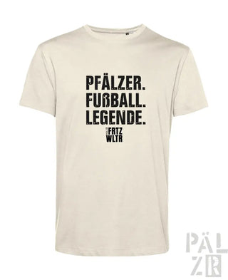 Cremeweiße Baumwoll-T-Shirt mit schwarzem Textdesign.