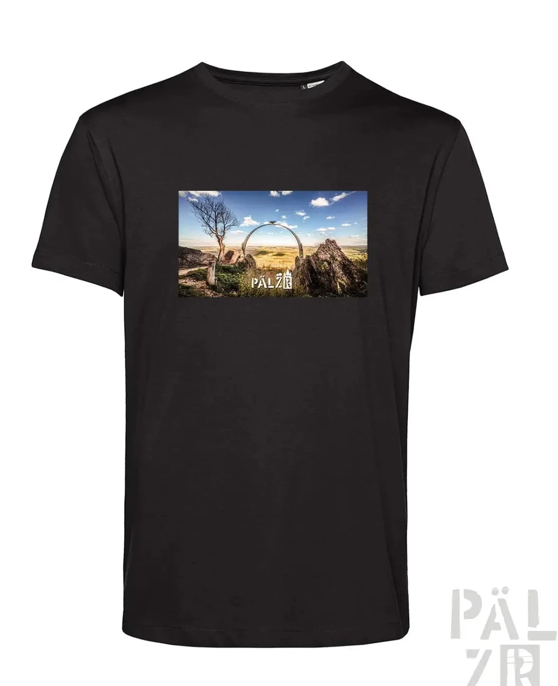 Schwarzes T-Shirt mit grafischem Design einer Wüstenlandschaft und eines Bogengangs, das das Logo ’pälzir’ in der unteren rechten Ecke zeigt.