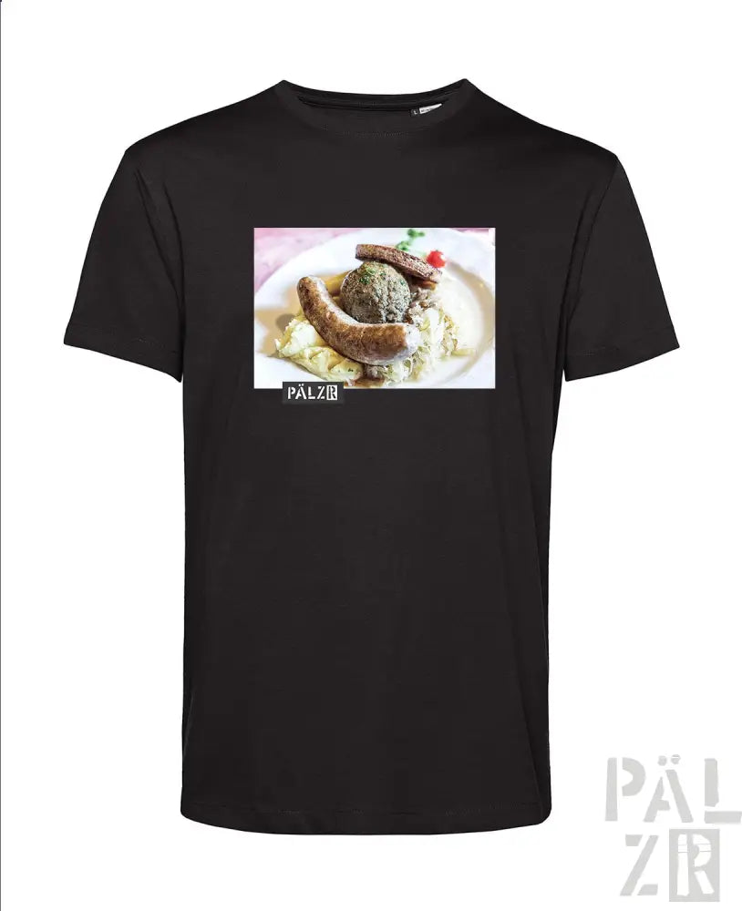 Schwarzes T-Shirt mit Food-Grafikdesign, das ein Motiv mit Wurst und Kartoffelpüree zeigt.