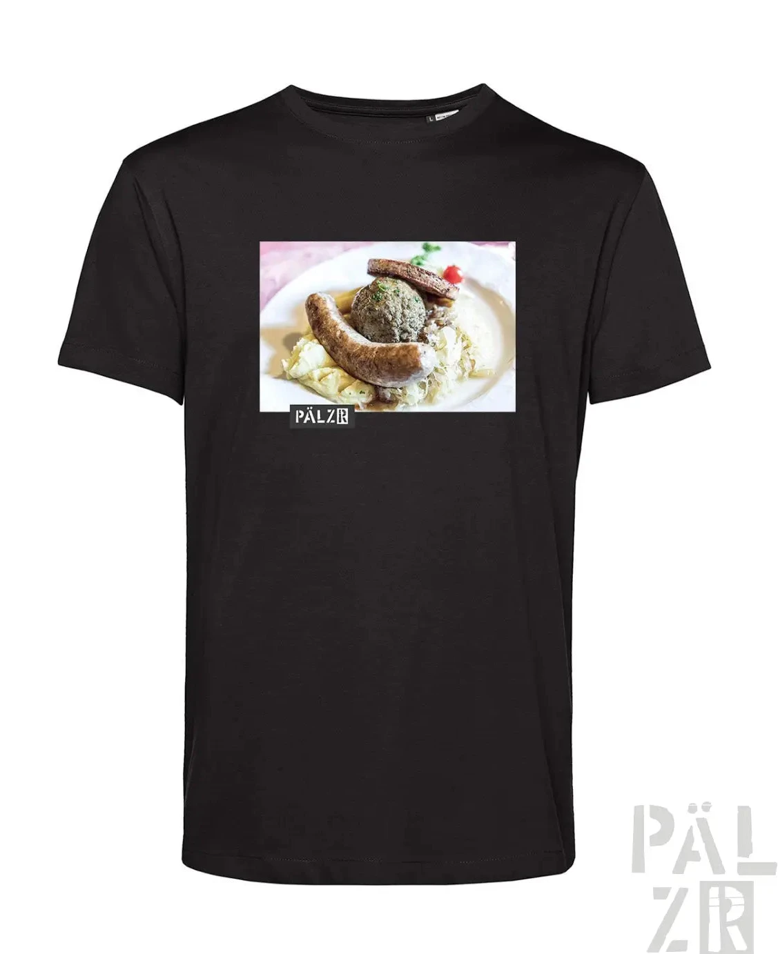 Schwarzes T-Shirt mit Food-Grafikdesign, das ein Motiv mit Wurst und Kartoffelpüree zeigt.