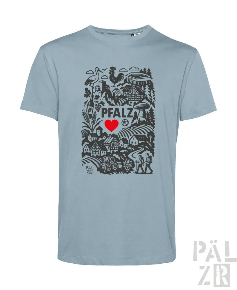 Hellblaues Bio-Baumwoll-T-Shirt mit schwarz-roter Gestaltung, die den Text ’pfalz’, ein Herzsymbol und verschiedene Illustrationen zeigt.