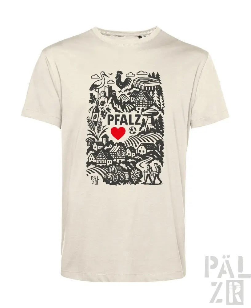 Cremeweiße Bio-Baumwoll-T-Shirt mit schwarz-roter Gestaltung, die den Text ’pfalz’, ein Herzsymbol und eine Illustration einer ländlichen Landschaft zeigt.