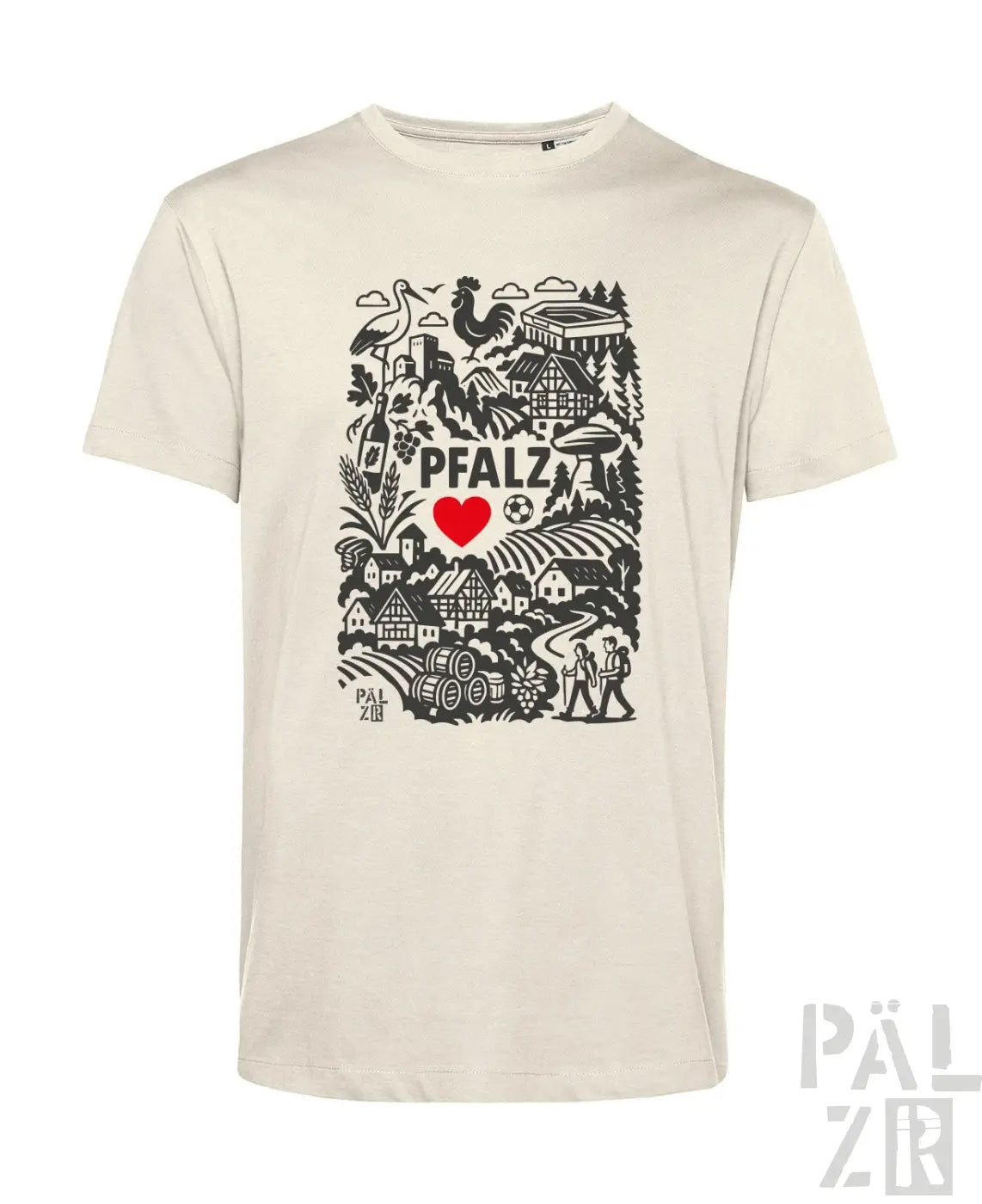 Cremeweiße Bio-Baumwoll-T-Shirt mit schwarz-roter Gestaltung, die den Text ’pfalz’, ein Herzsymbol und eine Illustration einer ländlichen Landschaft zeigt.
