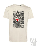 Cremeweiße Bio-Baumwoll-T-Shirt mit schwarz-roter Gestaltung, die den Text ’pfalz’, ein Herzsymbol und eine Illustration einer ländlichen Landschaft zeigt.