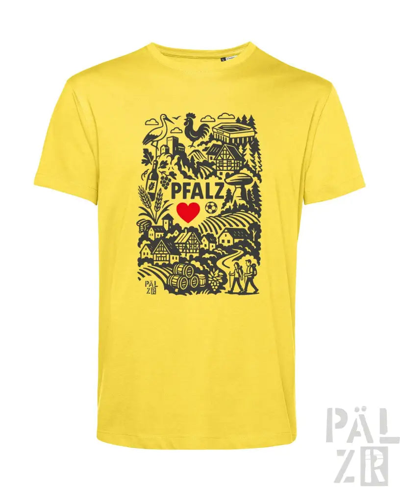 Gelbes T-Shirt mit schwarzem und rotem Design, das den Text „pfalz“, ein Herzsymbol und verschiedene Illustrationen zeigt.