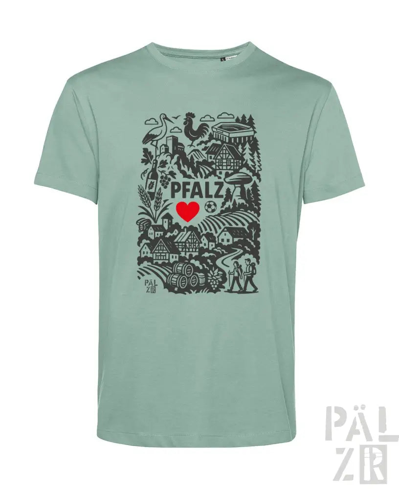 Minzgrünes Bio-Baumwoll-T-Shirt mit schwarzem und rotem Grafikdesign, das den Text ’Pfalz’, ein Herzsymbol und verschiedene Illustrationen zeigt.