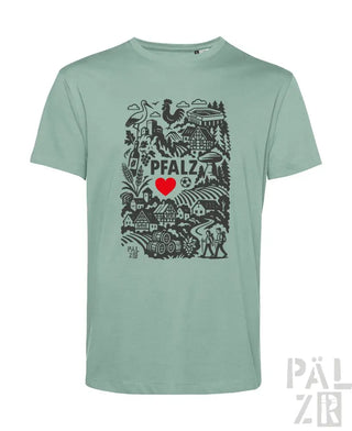 Minzgrünes Bio-Baumwoll-T-Shirt mit schwarzem und rotem Grafikdesign, das den Text ’Pfalz’, ein Herzsymbol und verschiedene Illustrationen zeigt.
