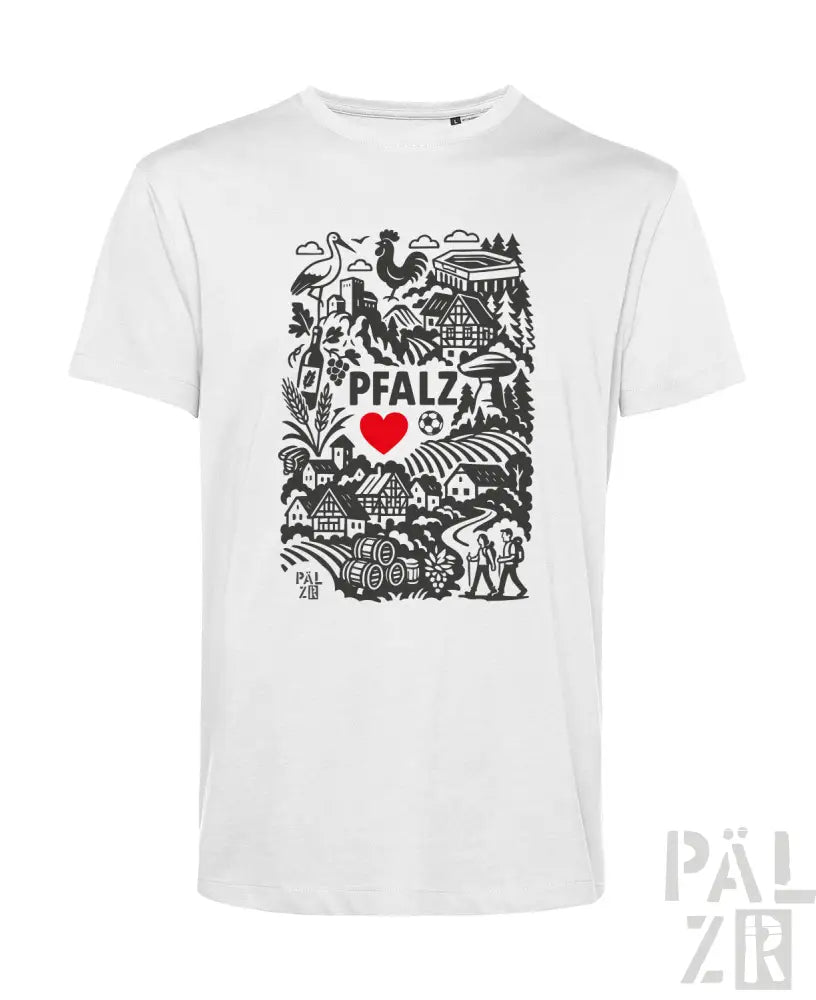 Weißes T-Shirt mit schwarz-rotem Design, das den Text ’Pfalz’, ein Herzsymbol und verschiedene Illustrationen zeigt.