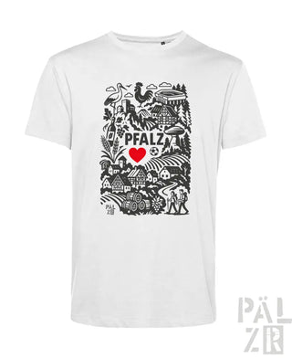Weißes T-Shirt mit schwarz-rotem Design, das den Text ’Pfalz’, ein Herzsymbol und verschiedene Illustrationen zeigt.