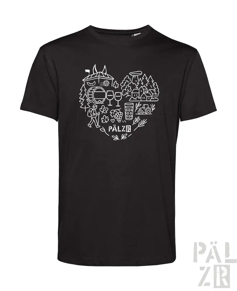 Schwarzes T-Shirt mit weißem Herz-Design, das Wein-, Essen- und Natur-Icons zeigt.