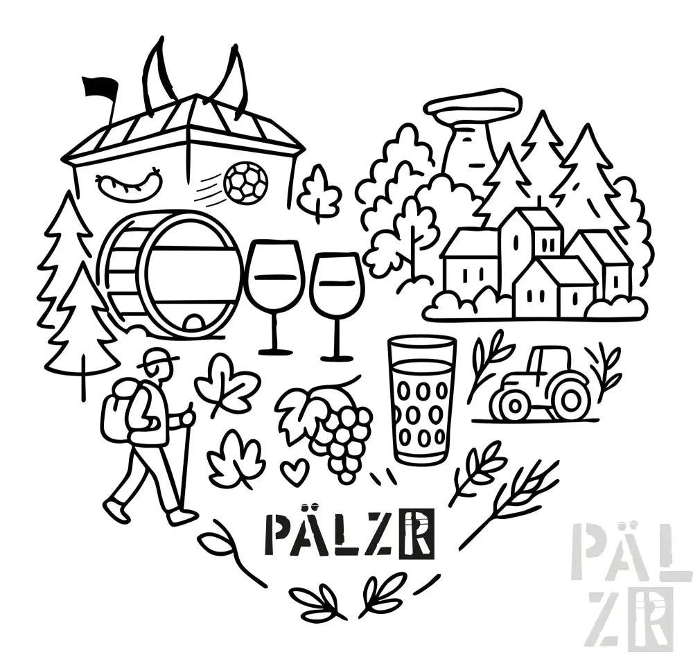 Weinfass mit einem lachenden Gesicht und Hörnern, schwarzer Umriss auf weißem Hintergrund.