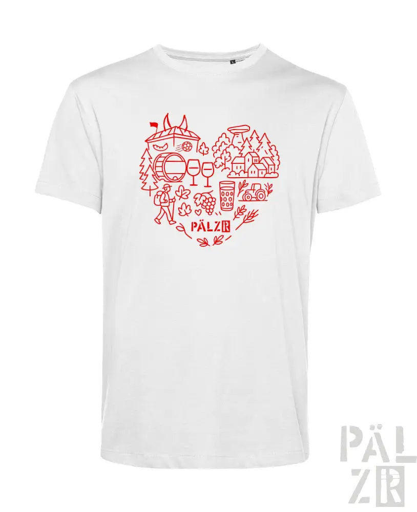 Weißes T-Shirt mit rotem Herz-Design, das verschiedene Natur- und Wein-Elemente zeigt, ’palz’-Logo.