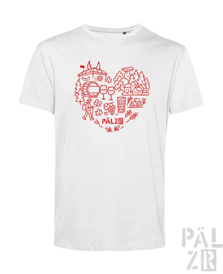 Weißes T-Shirt mit rotem Herz-Design, das verschiedene Natur- und Wein-Elemente zeigt, ’palz’-Logo.