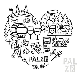 Weinfass mit einem lachenden Gesicht und Hörnern, schwarzer Umriss auf weißem Hintergrund.