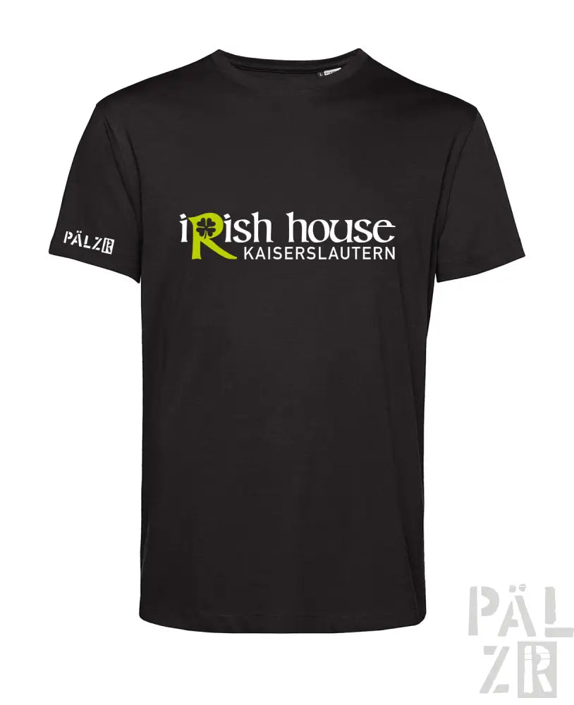 Schwarzes T-Shirt mit ’irish house kaiserslautern’-Logo und grünem Blumenmuster, aus Baumwolle gefertigt.