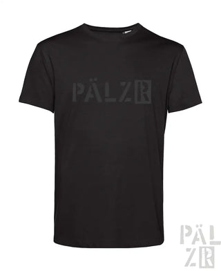 Schwarzes T-Shirt mit ’pälzb’-Logo-Design, Ärmel kurz und Rundhals.