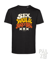 Schwarzes männer t-shirt aus baumwolle mit retro grafik und text sex woi und rock n roll in creme gelb und orange