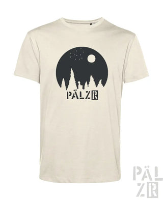 Cremeweiße T-Shirt mit schwarzem Grafikdesign, das einen Halbmond und silhouettierte Bäume zeigt, beschriftet mit ’pälzr’ in fetter Schrift.