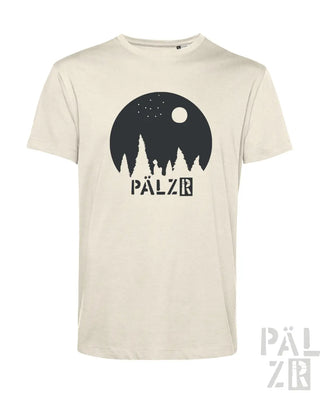 Cremeweiße T-Shirt mit schwarzem Grafikdesign, das einen Halbmond und silhouettierte Bäume zeigt, beschriftet mit ’pälzr’ in fetter Schrift.