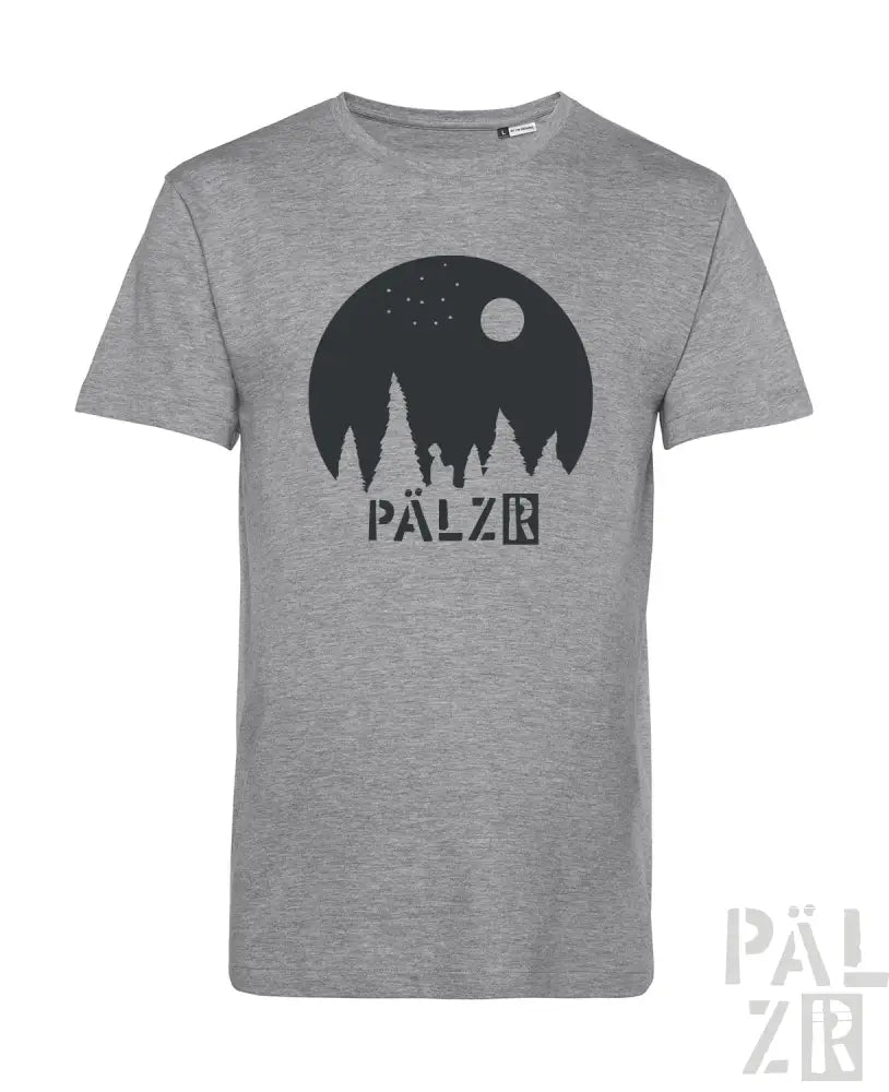 Graue gemusterte T-Shirt mit schwarzem Grafikdesign, das einen Nachthimmel, Bäume und das Wort ‚pälzr‘ in fetten Buchstaben zeigt.