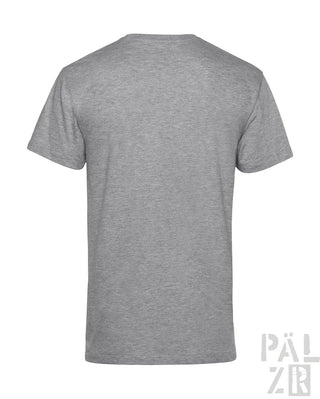 Heather grauer Rundhalsa-T-Shirt mit dezentem Muster und ’pälzir’-Logo.