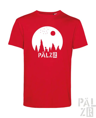 Rotes T-Shirt mit weißem grafischen Design, das einen stilisierten Mond und Bäume zeigt, Text ’pälzr’ in fetten Buchstaben.