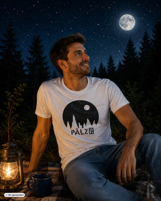 Weißes männer t shirt mit schwarzem kreisgrafik mond und bergsilhouette über pälzb schriftzug