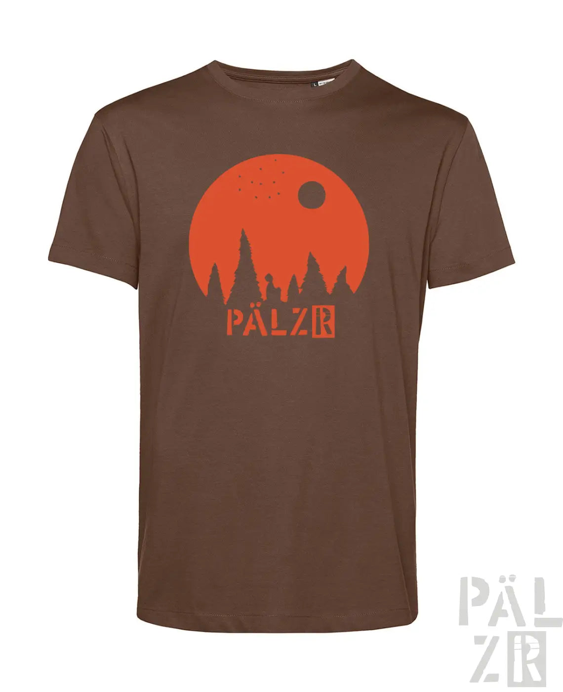 Braunes kurzarm herren t-shirt sternegugger mit orangem sonnenuntergang und pälzr schriftzug in verschiedenen farben