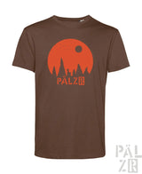 Braunes kurzarm herren t-shirt sternegugger mit orangem sonnenuntergang und pälzr schriftzug in verschiedenen farben