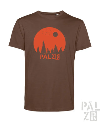 Braunes kurzarm herren t-shirt sternegugger mit orangem sonnenuntergang und pälzr schriftzug in verschiedenen farben