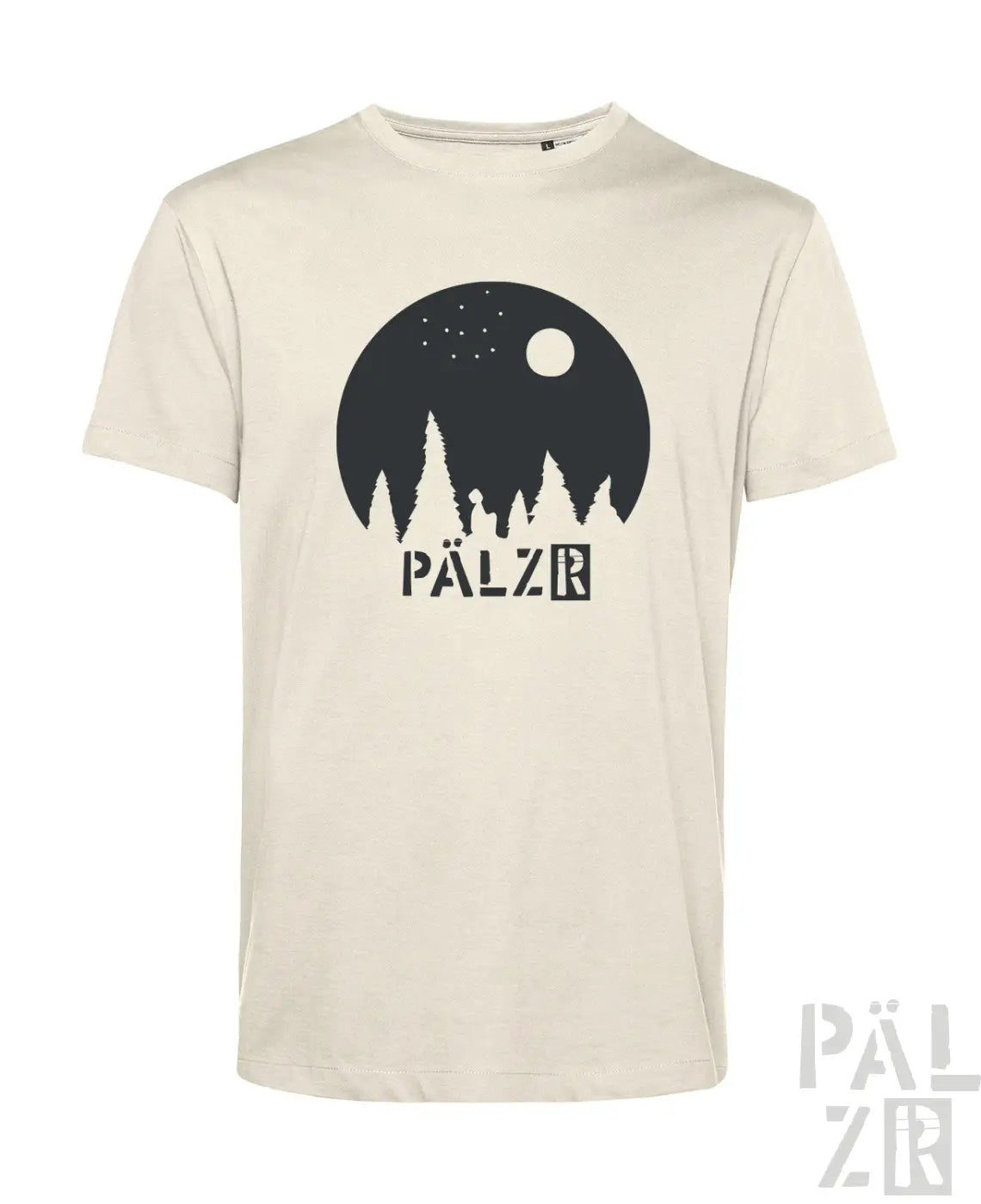 Beiges männer t-shirt sternegugger mit schwarzem kreisgrafik baumsilhouetten unter mondlicht und pälzr schriftzug