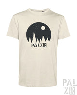 Beiges männer t-shirt sternegugger mit schwarzem kreisgrafik baumsilhouetten unter mondlicht und pälzr schriftzug
