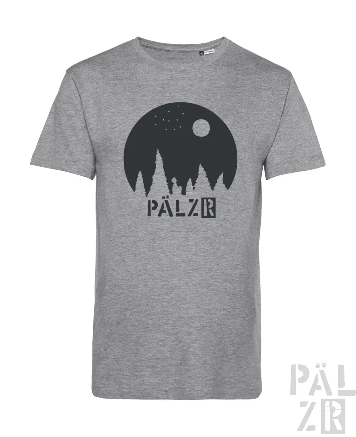 Graues heathered baumwoll männer t-shirt mit schwarzem kreisförmigem baumsilhouetten motiv und pälzer schriftzug