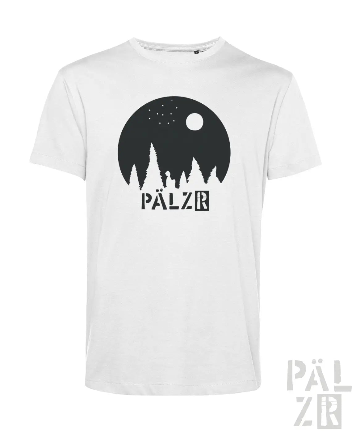 Weißes männer t-shirt aus baumwolle mit schwarzer mondwald-silhouette und pälzr grafik vorne in verschiedenen farben