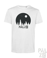 Weißes männer t-shirt aus baumwolle mit schwarzer mondwald-silhouette und pälzr grafik vorne in verschiedenen farben