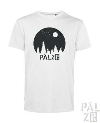 Weißes männer t-shirt aus baumwolle mit schwarzer mondwald-silhouette und pälzr grafik vorne in verschiedenen farben