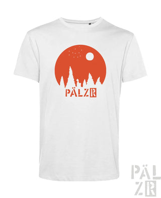 Weißes männer t-shirt aus baumwolle mit orangefarbenem sternegugger print und silhouetten von bäumen und mond