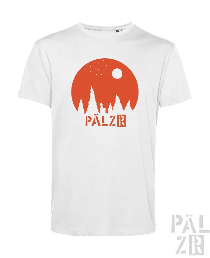 Weißes T-Shirt mit orange-schwarzem Design, das Bäume, Mond und den Text „pälzr“ zeigt