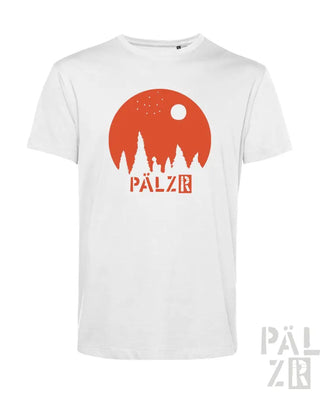 Weißes T-Shirt mit orange-schwarzem Design, das Bäume, Mond und den Text „pälzr“ zeigt