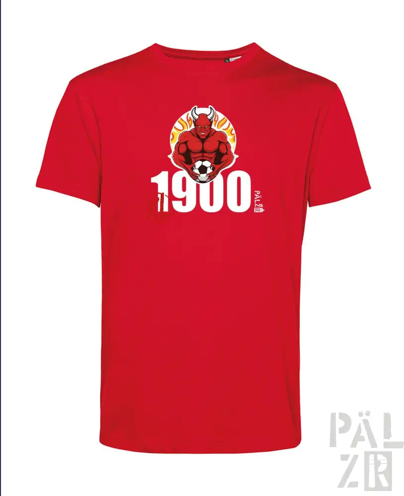 Rotes T-Shirt mit 1900-Logo und Teufel-Design, Baumwollmaterial.