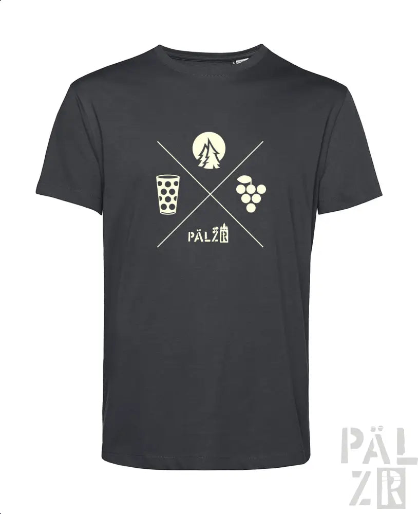 Schwarzes T-Shirt mit weißem grafischem Design, das ein Glas Bier, Trauben und das Wort ’pälzer’ in gestylter Schrift zeigt.